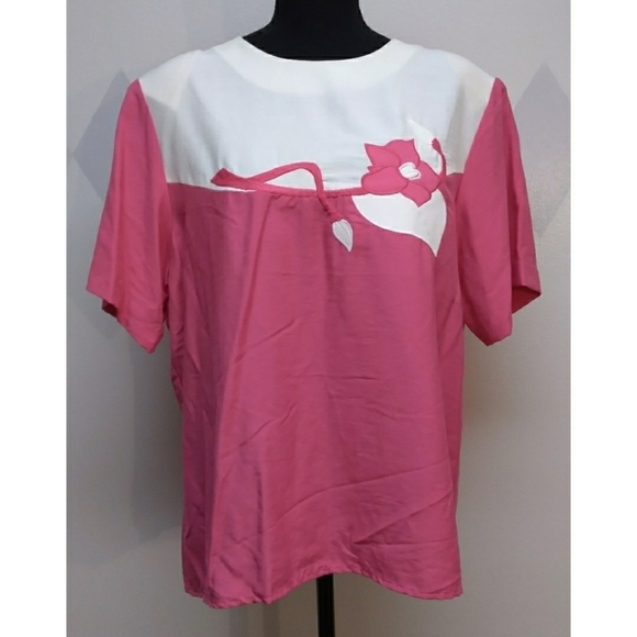 lucia Tops - Lucia pink and white applique button back top XL